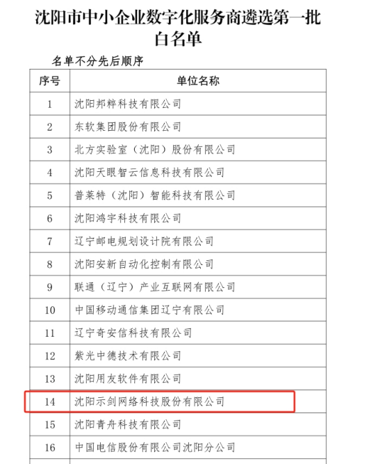 示剑网络成功入选“沈阳市中小企业数字化服务商遴选**批白名单” - 沈阳示剑网络科技股份有限公司